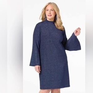 PLUS SIZE SHIMMERY BLUE LONG FLARE SLEEVE PARTY DRESS